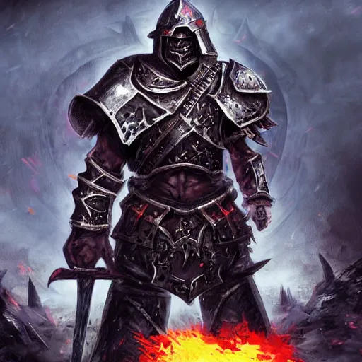 Prompt: chaos warrior with heavy armor and sword, heavy knight helmet, dark sword in hand, war theme, bloodbath battlefield, fiery battle coloring, hearthstone art style, epic fantasy style art, fantasy epic digital art, epic fantasy card game art