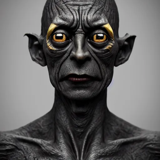 Image similar to a statue of an gollum, made of black marble with gold, perfect symmetrical face, no eyes, hyper realistic, hyper detailed, by johannen voss, by peter kemp, by monia merlo, by michelangelo, octane render, blender, 8 k