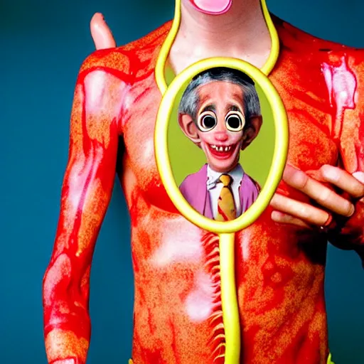 Prompt: uhd photorealisitc candid photo of anthony fauci dressed as slim goodbody. bloody. correct coostume. correct face, accurate face. photo by annie leibowitz and steve mccurry