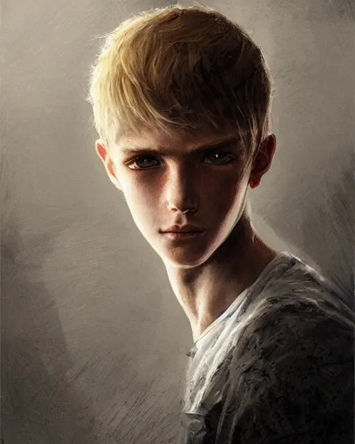 Prompt: portrait of 1 5 - year - old boy, with slender, white - blond hair, cold grey eyes, a pale complexion with sharp and pointed features, hyper realistic face, beautiful eyes, fantasy art, in the style of greg rutkowski, intricate, hyper detailed, smooth