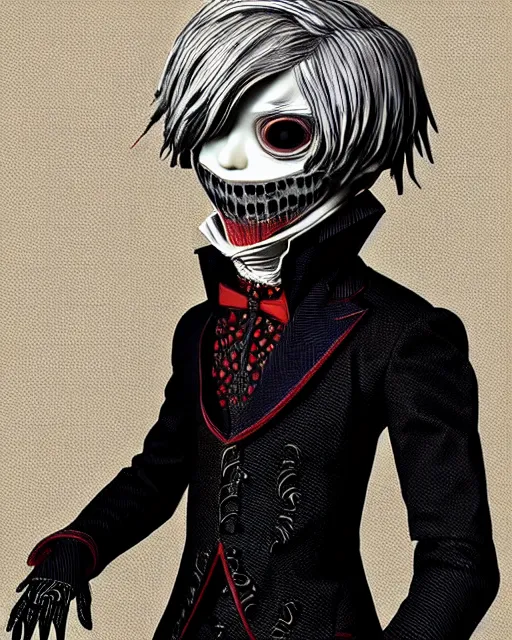 Image similar to tokyo ghoul monster ken kaneki character wearing a beautiful 1 8 th century suit with a tie, rococo style, ed emshwiller style, highly detailed, very realistic, painterly style