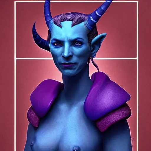 Image similar to A professional digital portrait painting of a female tiefling trickery domain cleric with blue skin dressed in light armor, 4k, digital art, trending on cgsociety, renaissance painting, highly detailed, head and shoulders shot, shallow depth of field, purple and yellow lighting, professional lighting, The Grand Budapest Hotel, airbrush, Hayao Miyazaki