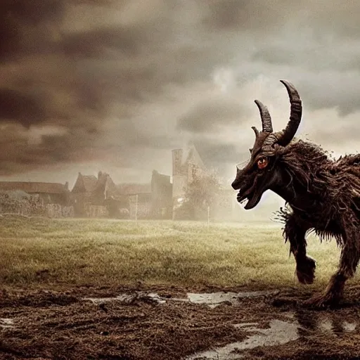 Prompt: horror, hd photography, a monstrous mutant goat creature is galloping across a muddy medieval village square in daylight, filthy matted fur, human eyes, disturbing, mutated, crocodile - like teeth