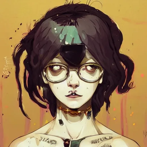 Image similar to Highly detailed portrait of a punk zombie young lady with freckles and brown curly hair hair by Atey Ghailan, by Loish, by Bryan Lee O'Malley, by Cliff Chiang, by Goro Fujita, by Greg Tocchini, inspired by ((image comics)), inspired by nier:automata, inspired by graphic novel cover art !!!gold, silver, opal, brown, black, and white color scheme ((grafitti tag brick wall background))