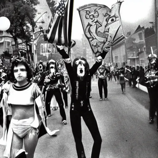 Prompt: Satanic States of America, alternate history, Satanic parade, 1976, cheering crowds, Baphomet float, 70s fashion, Polaroid