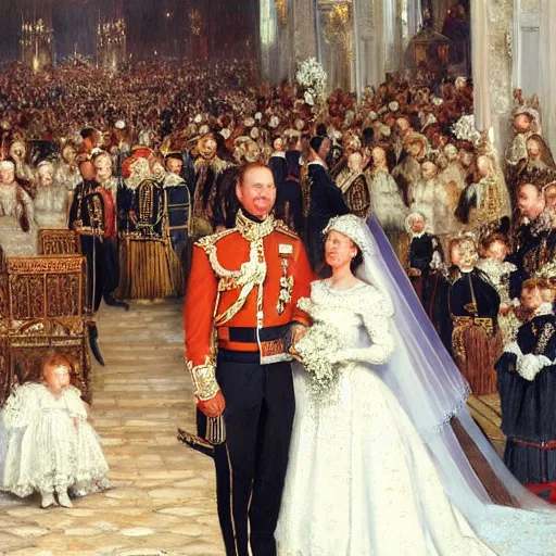 Image similar to painting of a royal wedding by Laurits Tuxen, highly detailed, fancy, high quality, oil painting, cinematic