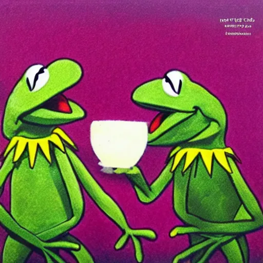 Prompt: kermit the frog, artwork by kitano tsunetomi