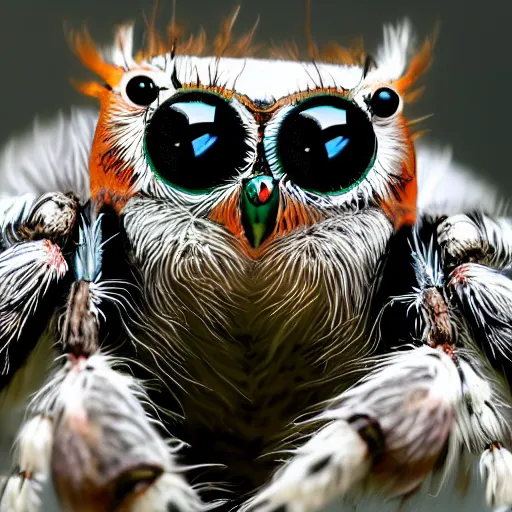 Image similar to jumping spider mixed with owl with 4 eyes and nightvision goggles, cute creature, hybrid, anamorphic lens, bokeh, kodak color film stock, macro shot