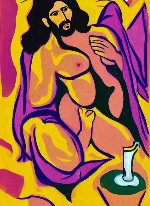 Image similar to painting of jesus being seductively unrobed by a mysterious woman, 8 k cel shading, pivix, in the style of ernst ludwig kirchner