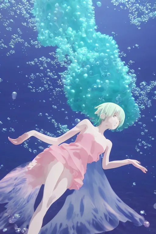 Image similar to 3D CG anime Land of the Lustrous Houseki no Kuni character Ventricosus translucent very pink jelly person with thick chest bubbles and pink transparent dress frills floating at the bottom of the ocean, beautiful composition, 3D render, cel shaded, 8k, key visual, made by Haruko Ichikawa, Makoto Shinkai, studio Ghibli, Kyoto Animation