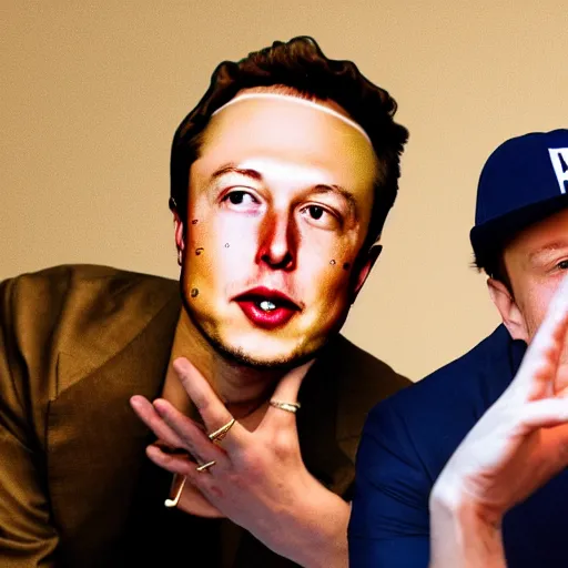 Prompt: elon musk and mark zuckerburg wearing gold chains on a 90s rap album cover. They wear hats backwards and elon throws money in the air.