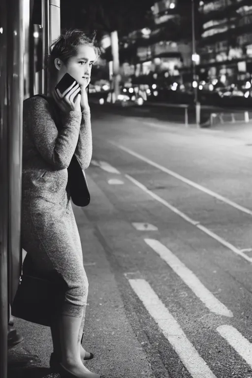 Prompt: beautiful woman, beautiful face of a woman, standing at a bus stop in the early morning, calling on the phone, around the city, the road, 3 5 mm photography, highly detailed, cinematic lighting, 4 k