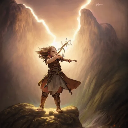 Image similar to full body portrait of a female halfling hobbit monk fistfighter warrior, communing with her goddess of mist and light, flowing robes and leather armor, detailed dynamic light painting by albrecht anker and peter mohrbacher