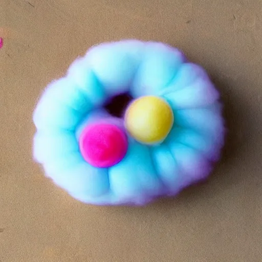 Prompt: photo of cotton candy that looks like a cute clown caterpillar