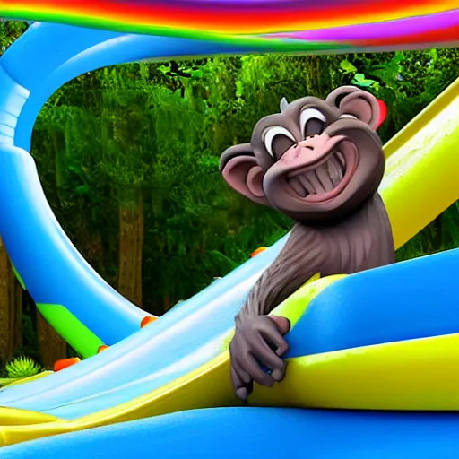 Prompt: multicolor 3 d render of happy monkey sliding down a waterslide by @ combrisi in 4 k ultra high resolution, with funny feeling