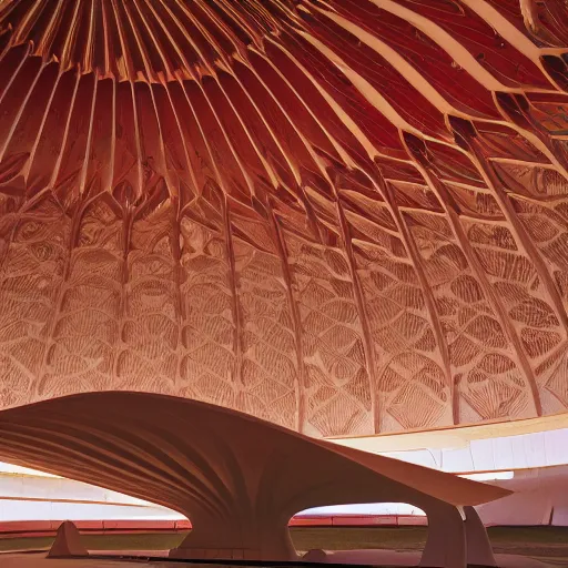 Image similar to interior of a futuristic lotus temple with gold, red and white marble panels, in the desert, by buckminster fuller and syd mead, intricate contemporary architecture, photo journalism, photography, cinematic, national geographic photoshoot