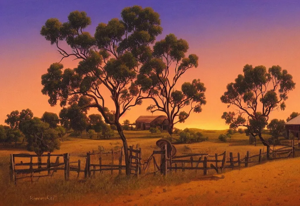 Prompt: a landscape painting of an old farm house in the dusty australian outback, old wooden fencing, painting by kenton nelson, dusk light, nice sunset