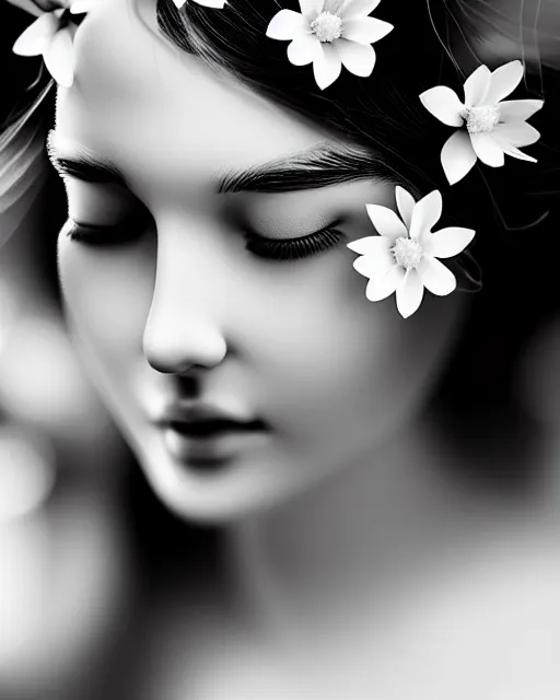 Prompt: black and white dreamy young beautiful veiled female artificial intelligence, realistic flowers ornament in the face, long hair are intricate with highly detailed realistic flowers, cinematic, rim light, bokeh, photo - realistic, elegant, high detail, 8 k, masterpiece, photo taken in 1 9 3 0