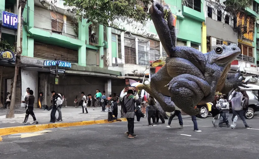 Image similar to a giant frog in the streets of mexico city, cctv footage