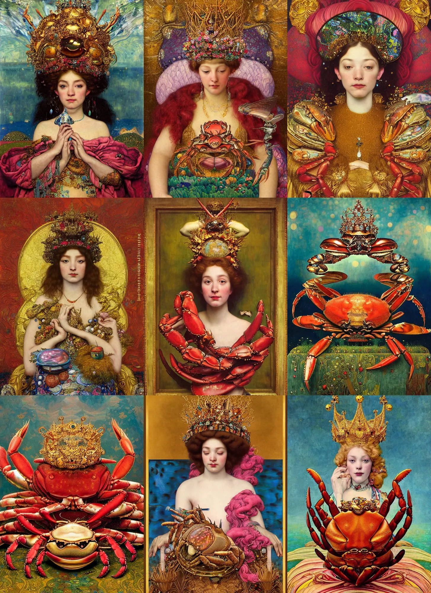 Prompt: “ an majestic portrait of an crab wearing a crown, on a throne of abalone, titian, sam spratt, maxfield parrish, gustav klimt, tom bagshaw, mark ryden, alphonse mucha, high detail, 8 k, intricate ornamental details, vibrant iridescent colors, red pink and gold ”