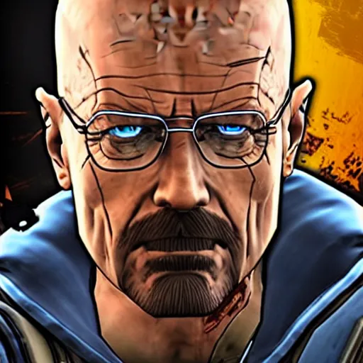 Image similar to Walter White as a Borderlands 2 character, drug dealer, game box cover art