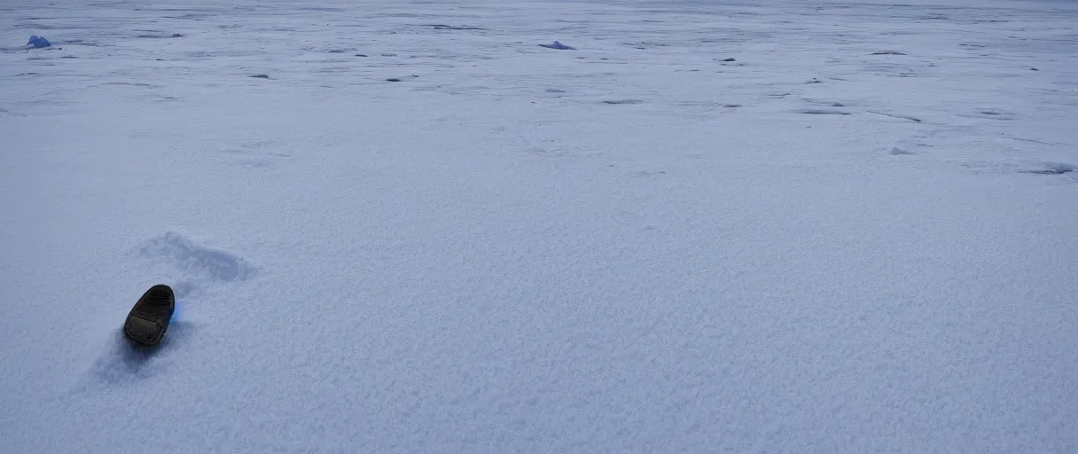 Prompt: a high quality color closeup hd 4 k film 3 5 mm photograph of very heavy blizzard in desolate antarctica with the faint silhouette of a man in the distance leaving a single trail of footsteps in the snow behind him