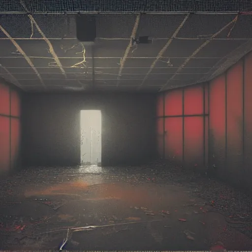 Image similar to cctv of an extremely dark empty abandoned building with glowing humanoid cryptid made out of television static, dark deep black shadows, red and black color contrast in the style of trevor henderson and james ensor goya, liminal space, 3 d octane render, glitch effect