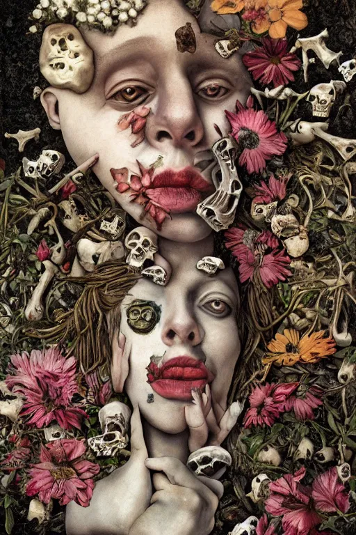 Image similar to a person lying among flowers and bones, large eyes and lips and is thinking about mortality, HD Mixed media collage, highly detailed and intricate, surreal illustration in the style of Caravaggio, baroque dark art