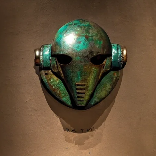 Prompt: a martian artifact in a museum with a placard, bronze, old, alien, verdigris, mechanical