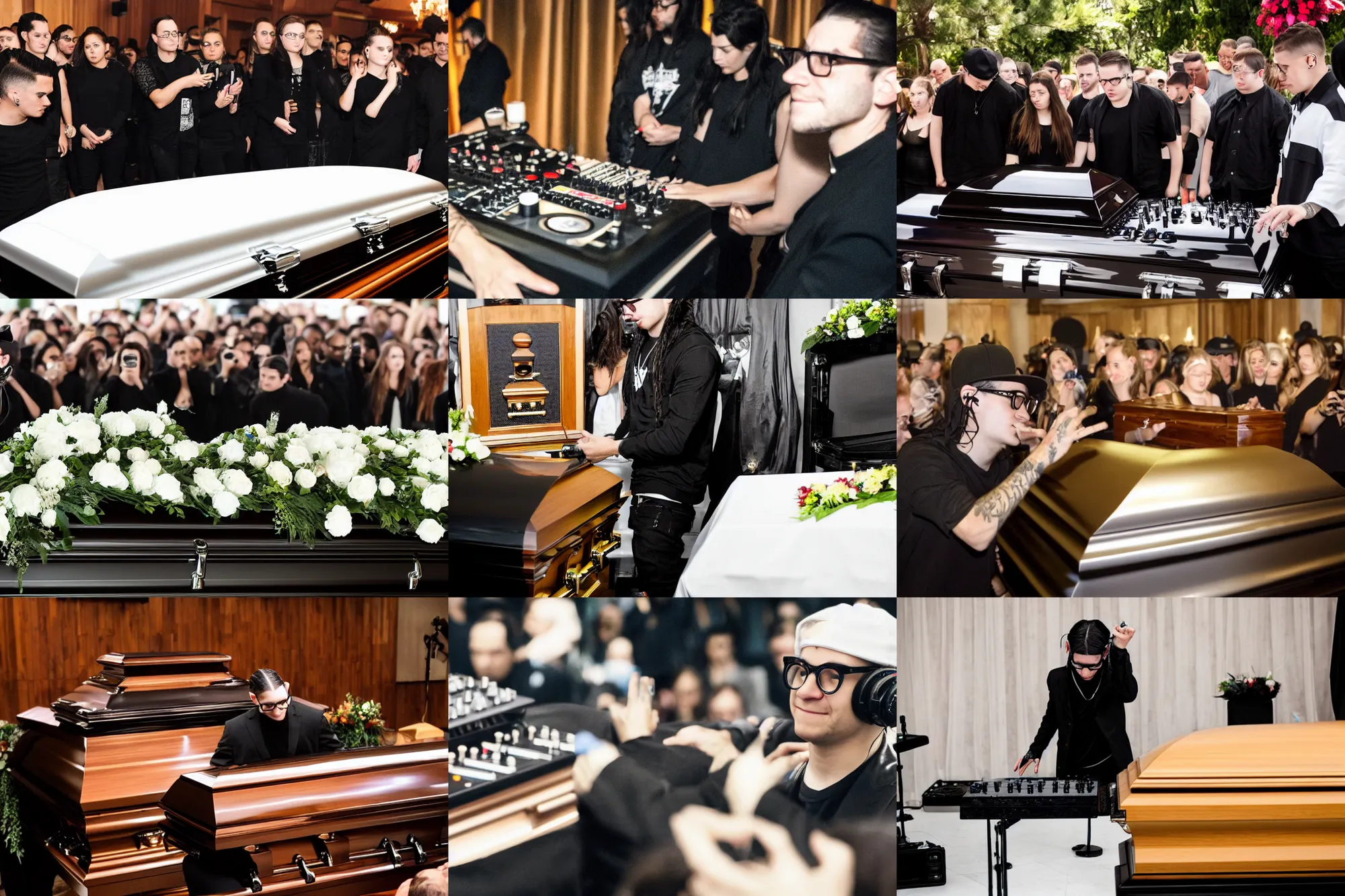 Prompt: photograph of Skrillex DJing at a funeral, the casket is next to him, 8K resolution, high detail