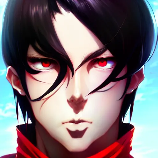 Image similar to anime portrait of a slick black hair guy with red eyes by stanley artgerm lau, wlop, rossdraws, james jean, andrei riabovitchev, marc simonetti, and sakimichan, trending on artstation