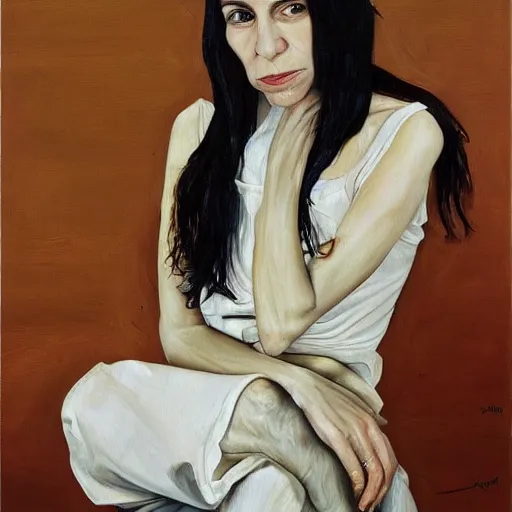 Image similar to high quality high detail painting by lucian freud, hd, portrait of pj harvey