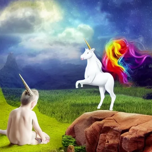 Prompt: dream : a fabulous landscape, a magical unicorn. a boy is sitting astride him. a cat is lying