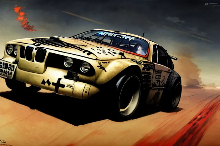 Image similar to dieselpunk mad max's bmw m 1 alpine a 1 1 0 : : speeding over the horizon : : painted by greg rutkowski makoto shinkai takashi takeuchi studio ghibli, akihiko yoshida