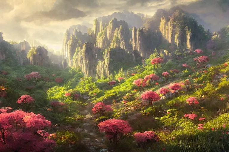 Prompt: Lush Valley, amazing cinematic concept painting fantasy landscape, by Jessica Rossier, Brutalist Himeji Castle Getty Center buildings, in in the valley of garden of eden wildflowers and grasses, terraced orchards and ponds, lush fertile fecund, fruit trees, birds in flight, animals wildlife