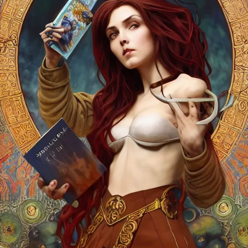 Image similar to Sallya from fire Emblem with skull and books drawn by Donato Giancola and Tom Bagshaw, face by Artgerm, overall design by Alphonse Mucha, background by James Jean and Gustav Klimt, light by Julie Bell, 4k, porcelain skin, komorebi, french nouveau, trending on artstation, octane render, hyperrealistic