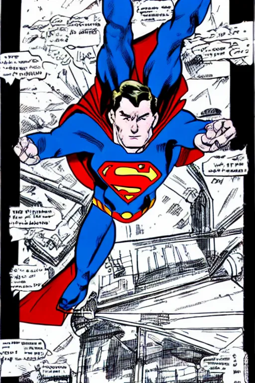 Prompt: a mechanical superman being activated in a top secret government lab, in the style of neal adams