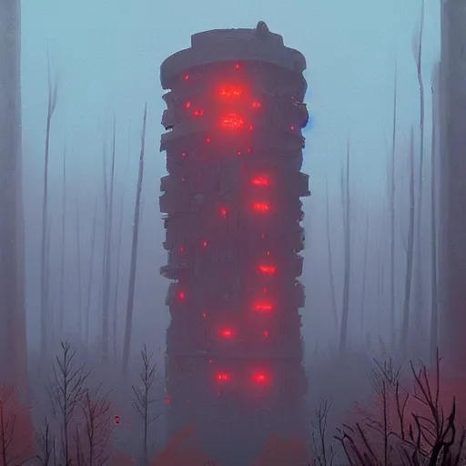 Image similar to Monumental old ruins tower of a dark misty forest, overcast, sci-fi digital painting by Simon Stålenhag