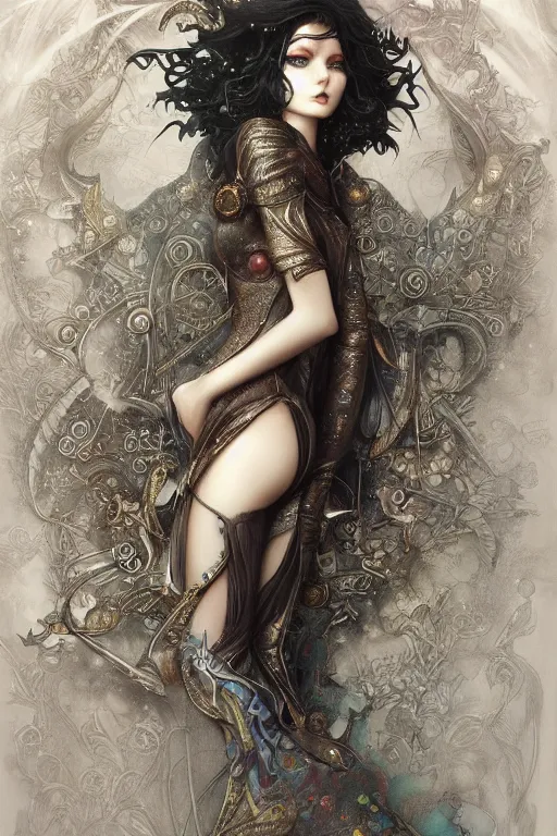 Image similar to ghibli tom bagshaw, curiosities carnival, anime soft paint of a single beautiful female full very tight long metallic suit ornate, accurate features, focus, very intricate ultrafine details, award winning masterpiece