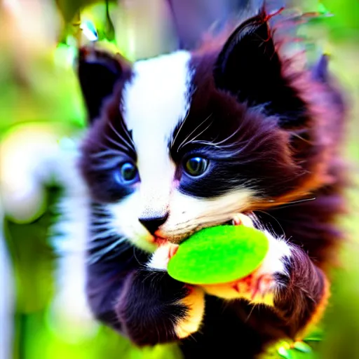 Image similar to cute kitten with panda body and cat face, eats bambus, highly detailed, sharp focus, photo taken by nikon, 4 k