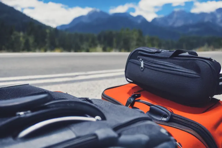 Prompt: a photo of luggage, gear shift, mountain range