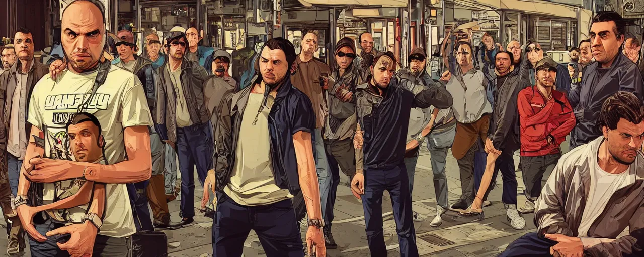 Image similar to full body of Raelsan (Orelsan) in the center of image of GTA V loading screen illustration in the style of Stephen Bliss, centered, uncrop, uncropped Orelsan very detailed GTA illustration from Stephen Bliss, full body Orelsan trending on artstation, Orelsan trending on deviantart, symmetrical face Orelsan, GTA V, Orelsan