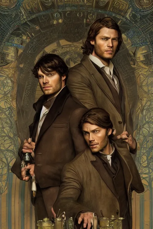 Prompt: a detailed matte portrait of jensen ackles and jared padalecki in a supernatural sherlock holmes story, masterpiece, 8 k, art by alphonse mucha and greg rutkowski