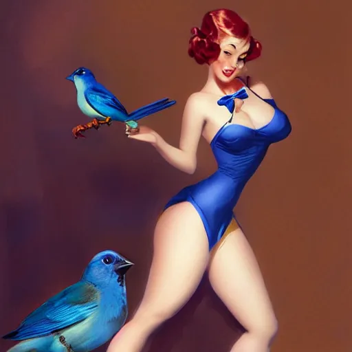 Image similar to pinup girl holding an indigo bunting, bird, the bird is wearing a bowtie, by greg rutkowski, rossdraws, gil elvgren, enoch bolles, anime, porcelain skin, very coherent