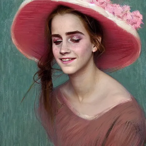 Image similar to laughing mouth open very thick paint brush strokes paint texture full body fashion model emma watson by Jeremy Lipking by Hasui Kawase by Richard Schmid (((smokey eyes makeup eye shadow fantasy, glow, shimmer as victorian woman in a long white frilly lace dress and a large white hat having tea in a sunroom filled with flowers, roses and lush fern flowers ,intricate, night, highly detailed, dramatic lighting))) , high quality