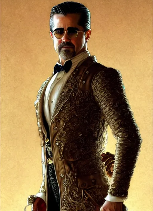 Prompt: colin farrell as a 2 1 st century aristocrat wearing boots, detailed face, d & d, wet, shiny, fantasy, intricate, elegant, hyper detailed, ultra definition, photoreal, artstation, unreal engine rendered, concept art, smooth, sharp focus, illustration, art by artgerm and greg rutkowski and alphonse mucha and garis edelweiss