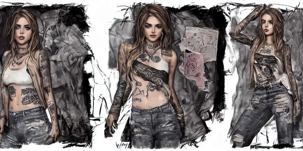 Image similar to anne winters fully tattooed, wearing scratched and ripped short leather jeans, wearing an aviator outfit with a smiley stamp on its back, character sheet, fine details, props, concept design, contrast, kim jung gi, greg rutkowski, trending on artstation, 8 k, full body, turnaround, front, back, ultra wide angle