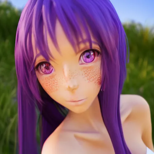 Image similar to Render of a very beautiful 3d anime girl, long purple hair, beautiful eyes, cute freckles, full round face, short smile, cute sundress, golden hour, serene beach setting, medium shot, mid-shot, highly detailed, trending on Artstation, Unreal Engine 4k