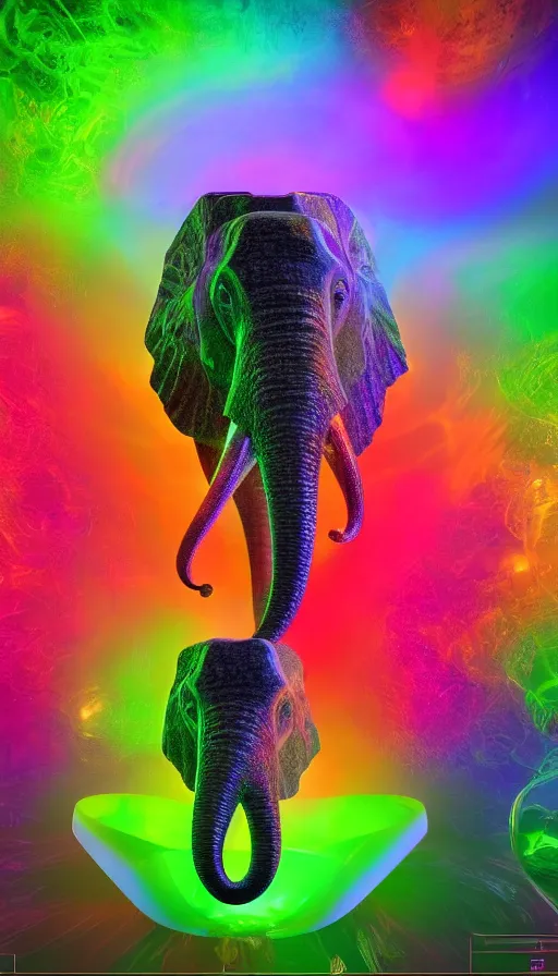 Prompt: 8K UHD Houdini render of crystalpunk mysterywave biocore herbalmancer elephant, background bioluminescent swirling wisps, red yellow green blue smoke gradient palette, volumetric lighting, 18 mm lens
