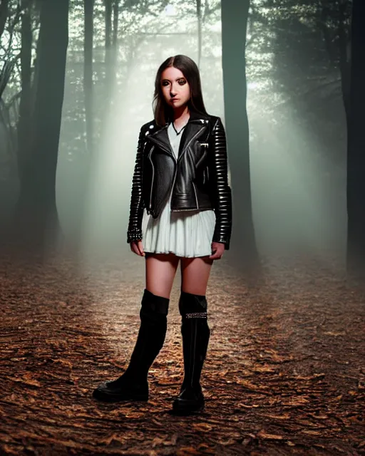 Image similar to hyperrealistic mithra young girl in her 20s intricate knee high black flat boots and leather jacket in a forest sun behind her concept art eric zener elson peter cinematic blue light low angle hd 8k sharp shallow depth of field